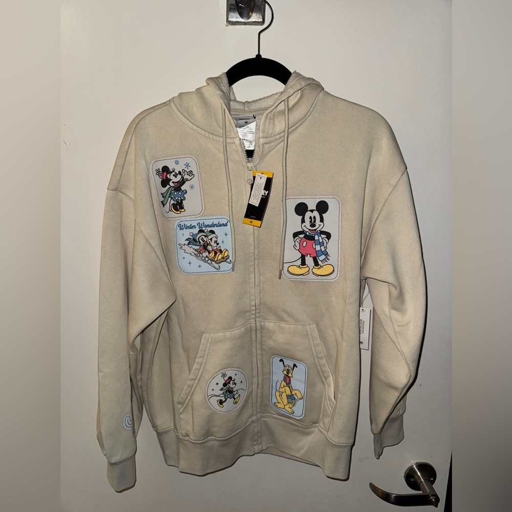 Disney Mickey Mouse and Friends Zip-Up Cream Hoodie jacket with embroidery